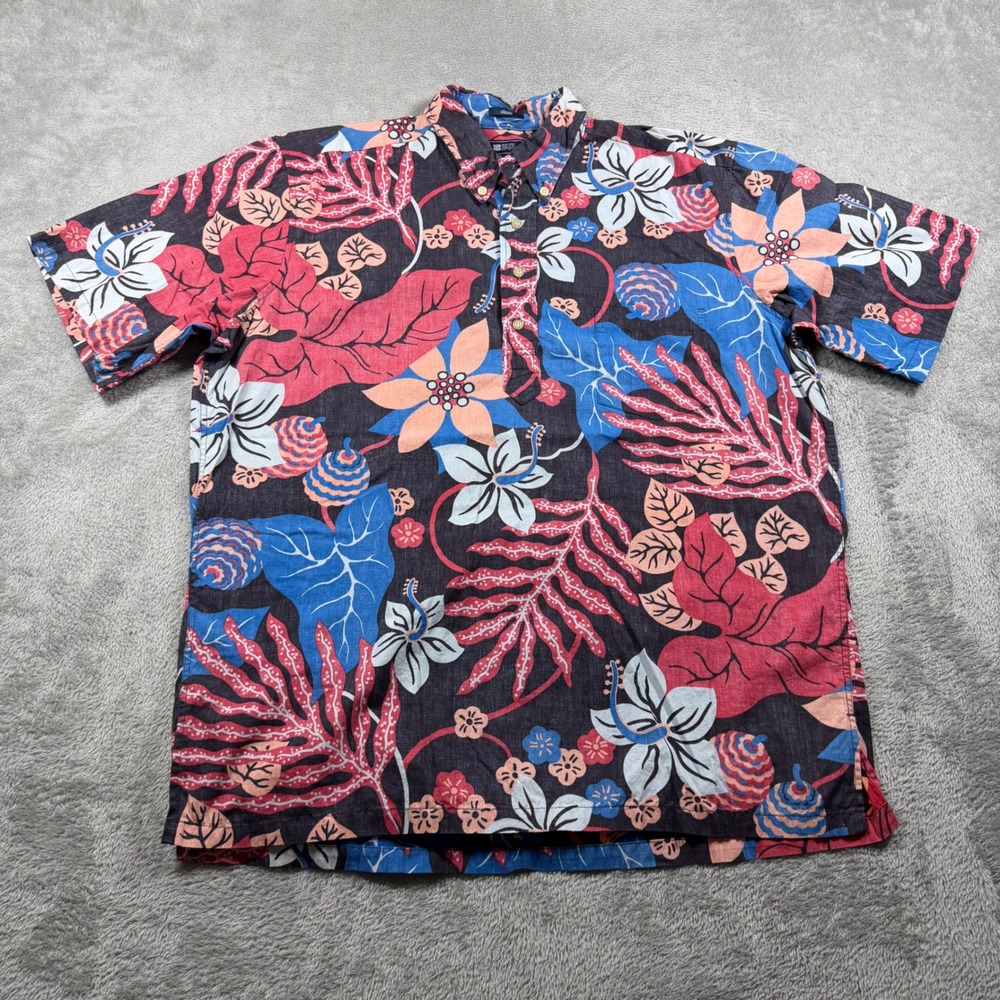 Reyn Spooner Shirt Mens Large Black Floral Pullover Short Sleeve Hawaiian Aloha